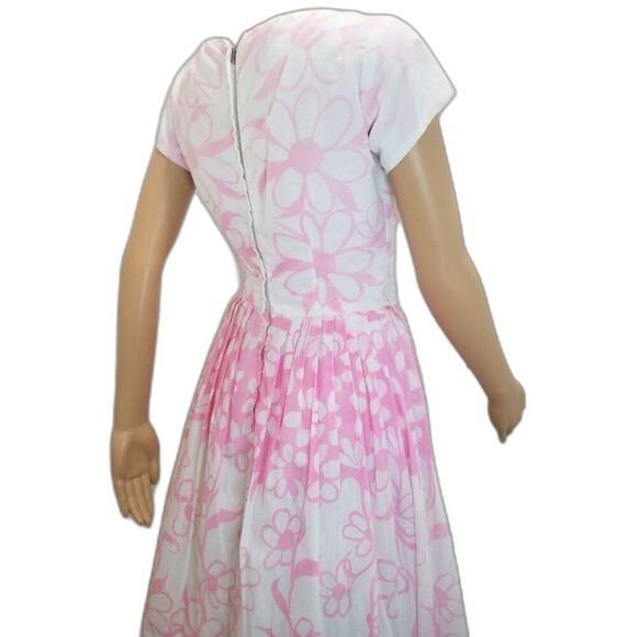 1950s Pink White Floral Handmade Pleated Fit Flare Short Sleeve Puffy Midi Dress - Picture 6 of 8